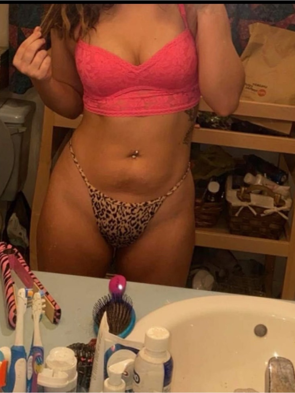Women’s Lace Bralette and Leopard Thong Set - Pink